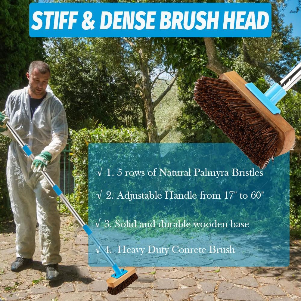 Heavy Duty Deck Brush with Long Handle - 60" Floor Scrub Brush with Stiff Natural Palmyra Bristles, Outdoor Scrubber Brushes for Cleaning Rough Surface, Concrete Floor, Patio, Garden, Sidewalk
