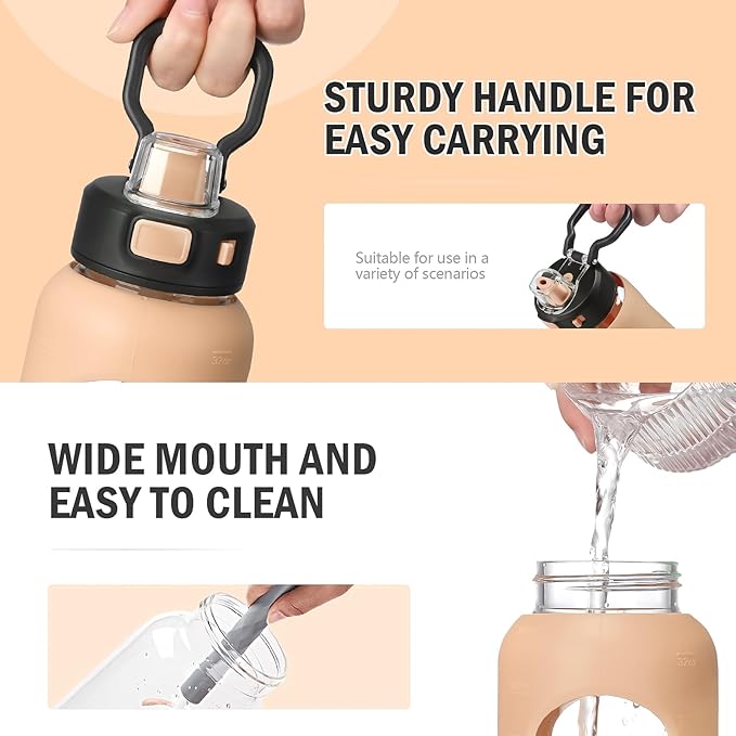 Kodrine Water Bottle With Straw and Carry Handle, Glass Water Bottle 24 oz Leak Proof Locking Lid with Soft Silicone Spout, Small Clear Water Bottle, Travel Sports Water Jug, Time Marker, Amber