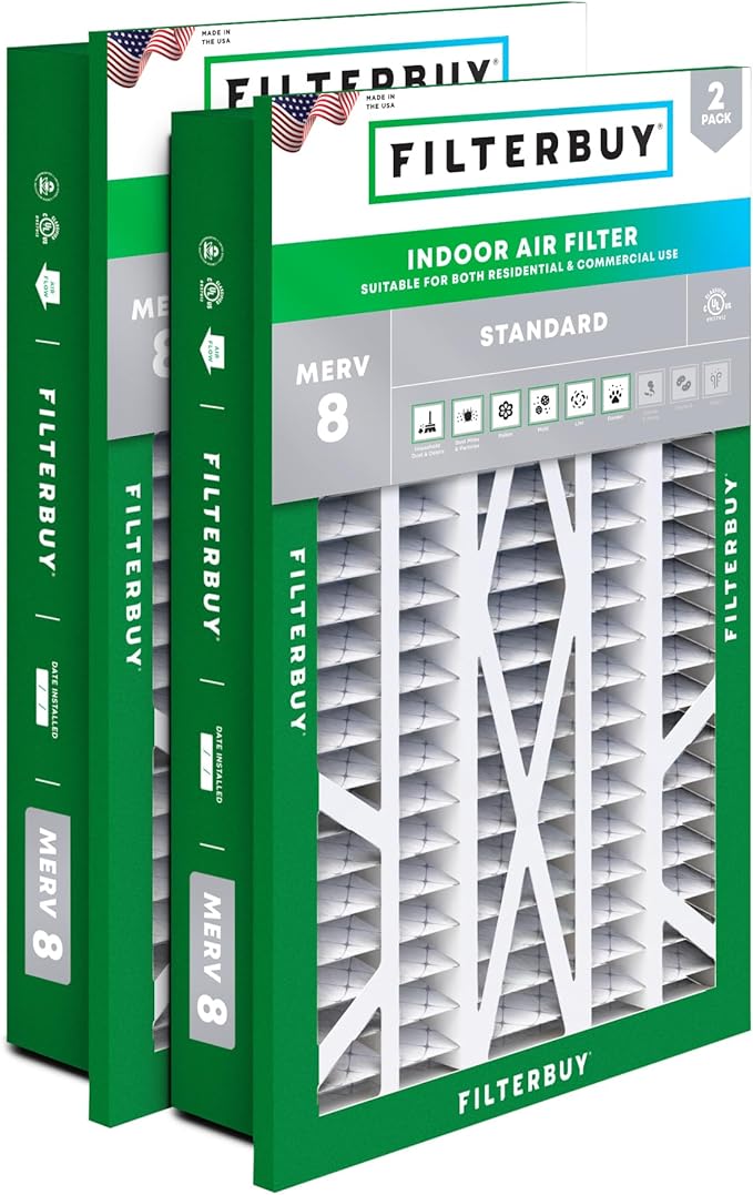 Filterbuy 16x25x5 Air Filter MERV 8 Dust Defense (2-Pack), Pleated HVAC AC Furnace Air Filters Replacement for Honeywell Return Grille (Actual Size: 14.38 x 23.38 x 3.69 Inches)