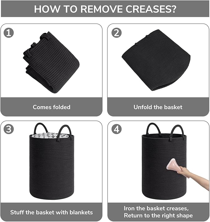 INDRESSME Woven Laundry Basket, Baby Nursery Hamper Bin Tall Storage Basket for Living Room, Kids Laundry Hamper for Clothes, Toys, Large Rope Basket for Blankets, Pillows, 19.7 x 13.8 inches, Black