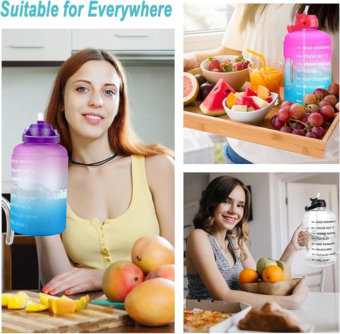 QuiFit Half Gallon Water Bottle - with Straw & Motivational Time Marker Leak-Proof BPA Free Reusable Gym Sports Outdoor Large(73OZ) Capacity Water Jug(Pink/Blue Gradient,Half Gallon)