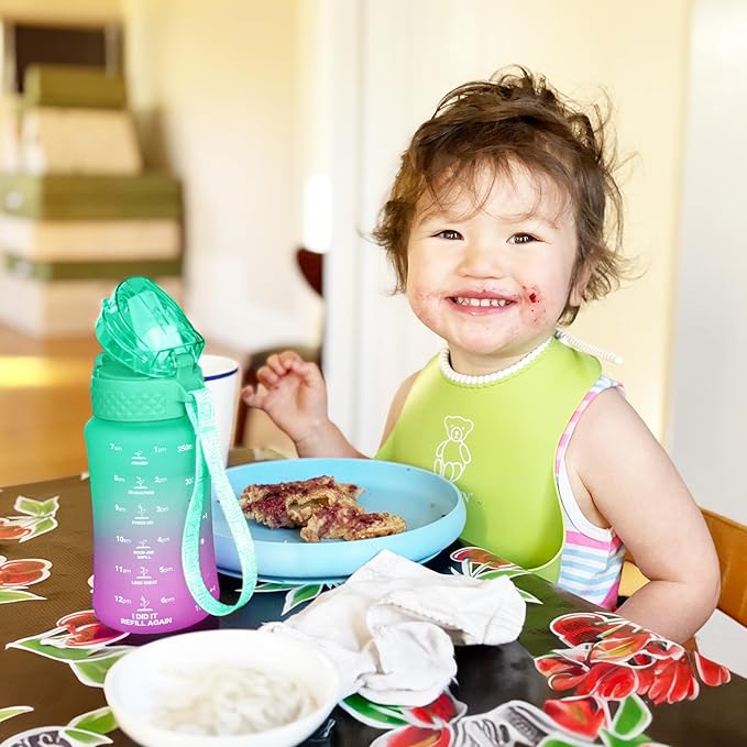 OLDLEY Kids Water Bottle for School, 12 oz (2 lids) BPA-Free Reusable Leak-proof Durable Tritan Plastic Water Bottles with Straw & Chug Lids, Anti-dust Spout Cover (Green Purple)