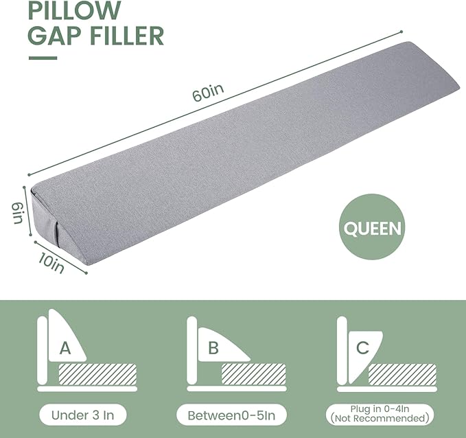Bed Wedge Pillow for Headboard Queen Size(60"X10"X6"), Comfy Headboard Pillow Wedge for Gap(0-6''), Triangle Mattress Wedge Pillow for Sleeping Reading, Bed Gap Filler for Headboard(Grey)