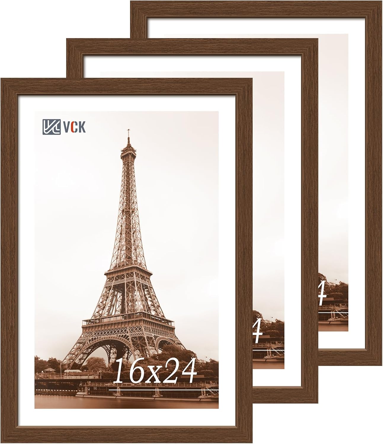 VCK 16x24 Picture Frame 3 Pack, Brown Wood Poster Frame with Exclusive Wood Grain, Wall Mounting Hanging