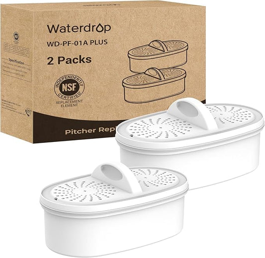 Waterdrop Replacement Filters for All Waterdrop Pitcher Filtration System, Reduces PFAS, PFOA/PFOS, Chlorine, Last Up to 3 Months or 200 Gallons, 2 Packs，WD-PF-01A Plus, NSF Certified