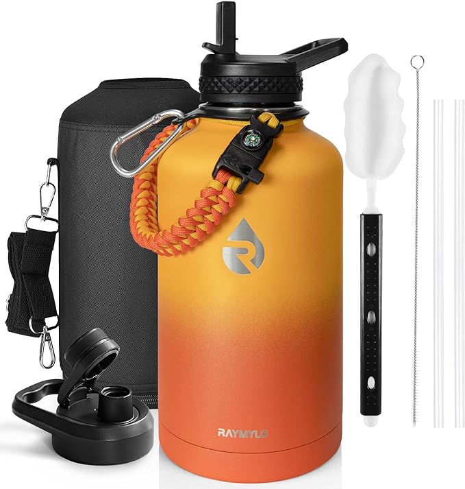 Insulated Water Bottle 64 oz, Triple Wall Vacuum Stainless Steel (Cold for 48 Hrs), Leak Proof & Non-BPA, Half Gallon Water Flask Jug with Paracord Handle & Straw Spout Lids, Ombre Orange
