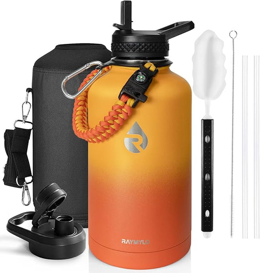 One Gallon Water Bottle Insulated, Triple Walled Vacuum Stainless Steel (Cold for 48 Hrs), Leak Proof & Non-BPA, Large Water Flask Jug with Paracord Handle & Straw Spout Lids