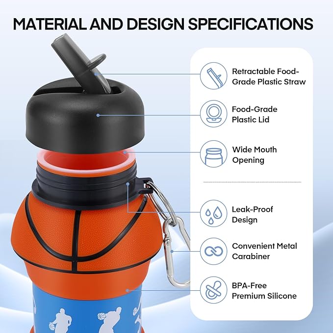 Kids Sports Collapsible Water Bottle | Ball Shaped Drinking Cup | Foldable BPA Free Leakproof Lightweight Silicon Jug | School Lunch Mug Team Gift Travel (Basketball Orange 550ml/18.6oz)