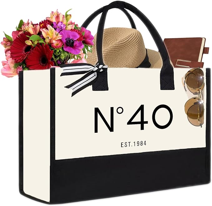 40th Birthday Gift Canvas Tote Bag for Women,N°40 EST.1984 Keepsake Beach Bag 40 Party Birthday Present for Her