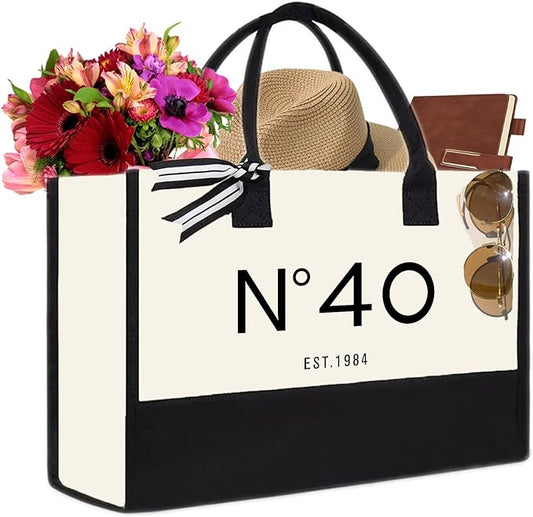 40th Birthday Gift Canvas Tote Bag for Women,N°40 EST.1984 Keepsake Beach Bag 40 Party Birthday Present for Her