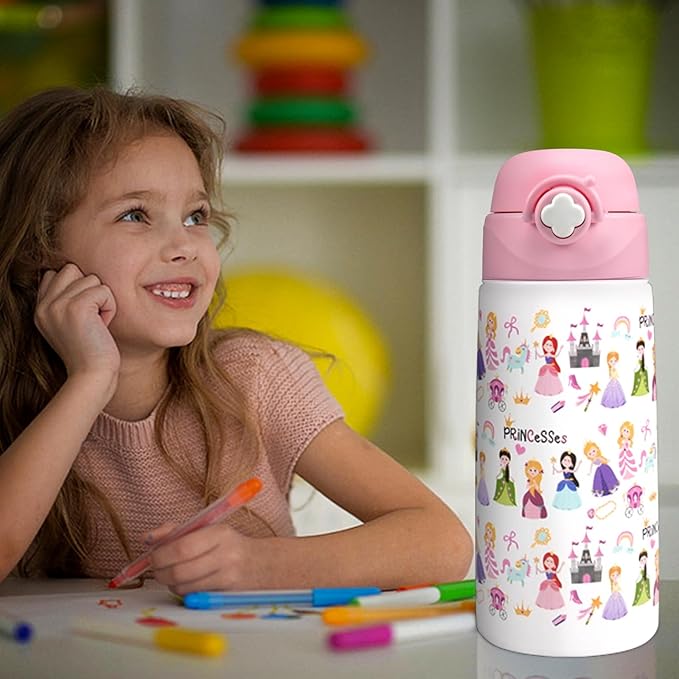 Kids Insulated Water Bottle with Covered Pop-Up Straw,16oz Kids Cups with Stainless Steel Leak Proof for School Boys Girls（4-Princess）