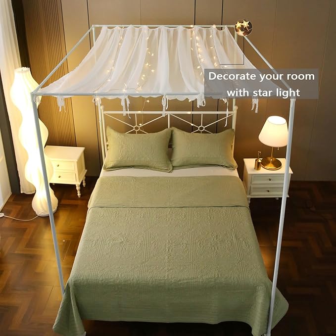 Pleated White Sheer Canopy Bed Curtains for Top of Bed, Romantic Princess Bed Curtains, Bed Canopy for Girls (Queen, White)