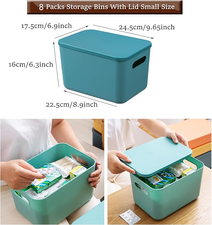 Plastic Storage Bins with Lid, Stackable Storage Containers for Organizing, Storage Baskets for Shelves Kitchen Bathroom Playroom Classroom Office (Small (8 PCS))