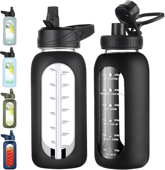 32 oz Glass Water Bottle with Straw and Handle, Sports Motivational Water Flask with Silicone Sleeve, Large Leakproof Water Flask Cup with Time Marker for Travel, Gym, Black