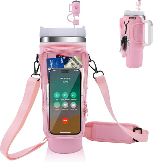 Water Bottle Carrier Bag for Stanley Cup Accessories, for Stanley Tumbler 40 Oz with Handle Holder Bag with Strap Neoprene Bollus with Straw, Straw Cover, Carabiner (Off White)