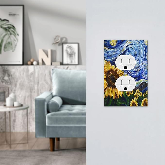 Vintage Abstract Blue Starry Sunflower Single Duplex Wall Plate Covers Light Switch Cover 1 Gang Outlet Plate Decorative Switchplate Covers Electrical Faceplate for Farmhouse Country Bedroom Decor