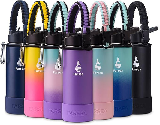 Farsea Insulated Water Bottle With Paracord Handle, Protective Boot and 2 Lids (Straw Lid & Spout Lid), Stainless Steel Water Bottle Wide Mouth, Double Wall Sweat-Proof BPA-Free, 18 oz