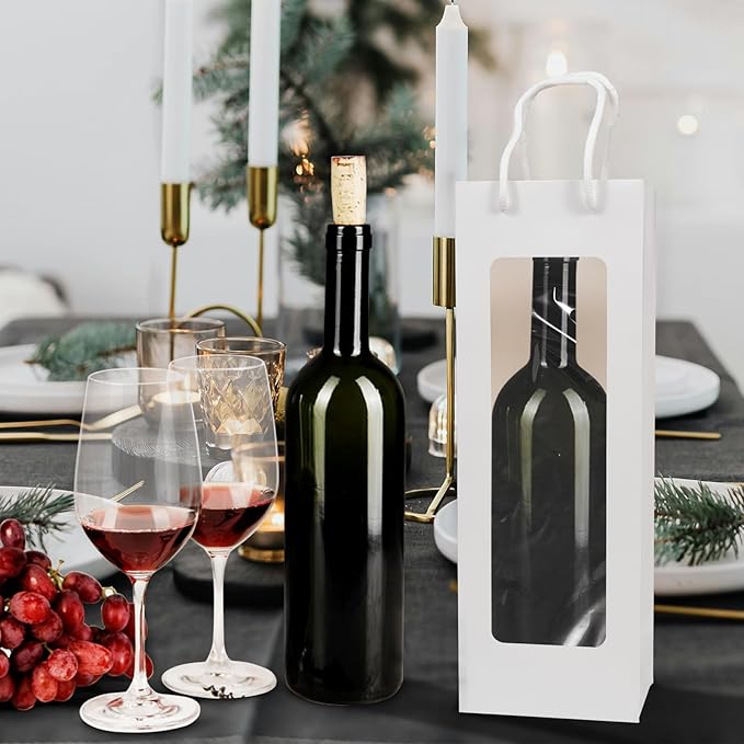 Cyblinia Wine Gift Bags Wine Tote Bags 20 Pack Paper Wine Bags with Window 4.9 x 3.4 x 14.2 Inch Wine Bottle Bags for Wedding, Birthday, Christmas Party Supplies