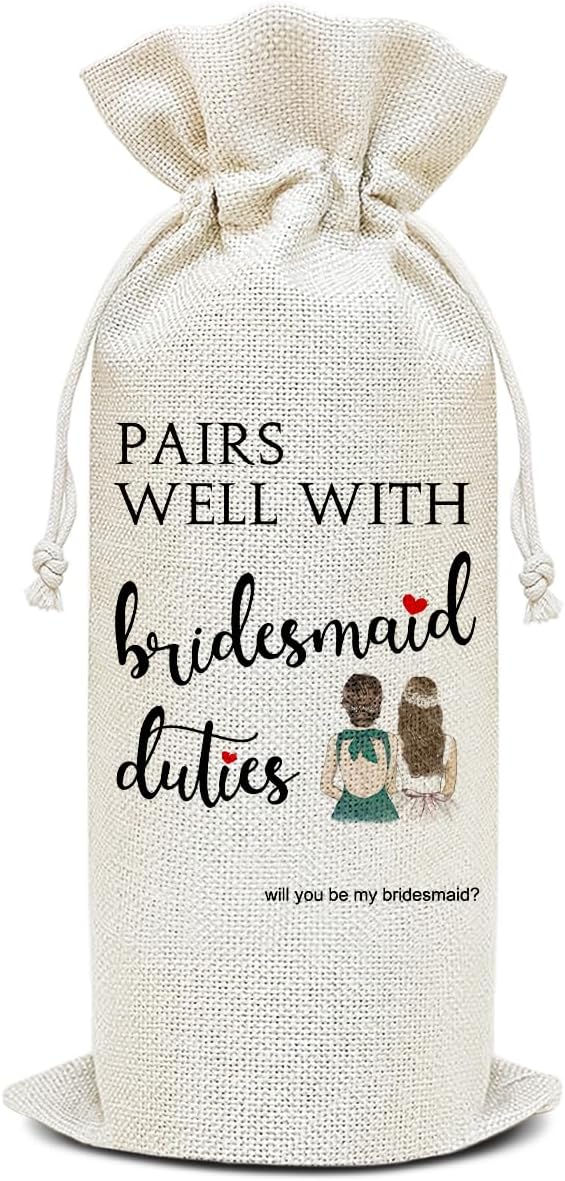 Wine Canvas Bag, Bridesmaid Proposal Wine Gift Bag, Bridesmaids Gifts for Sister Wine Bags for Wine Bottles, Wine Gifts With Drawstring Engagement Bachelorette Bridal Shower Party Decoration -WB17