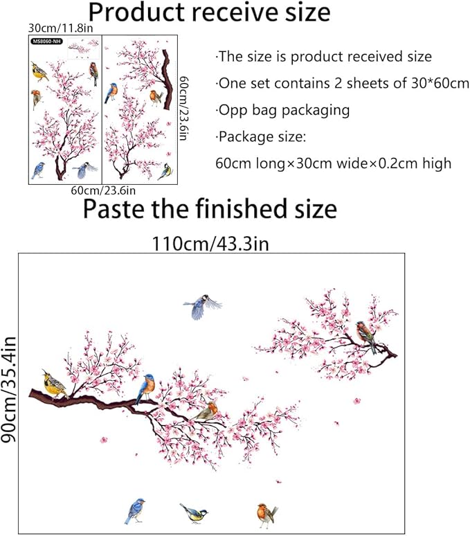 Watercolor Flower Wall Decals Peel and Stick Birds Vinyl Wall Stickers Colorful Wall Sticker Hummingbird on The Tree Branch Flower Decals Garden Living Room Bedroom TV Wall Decorations