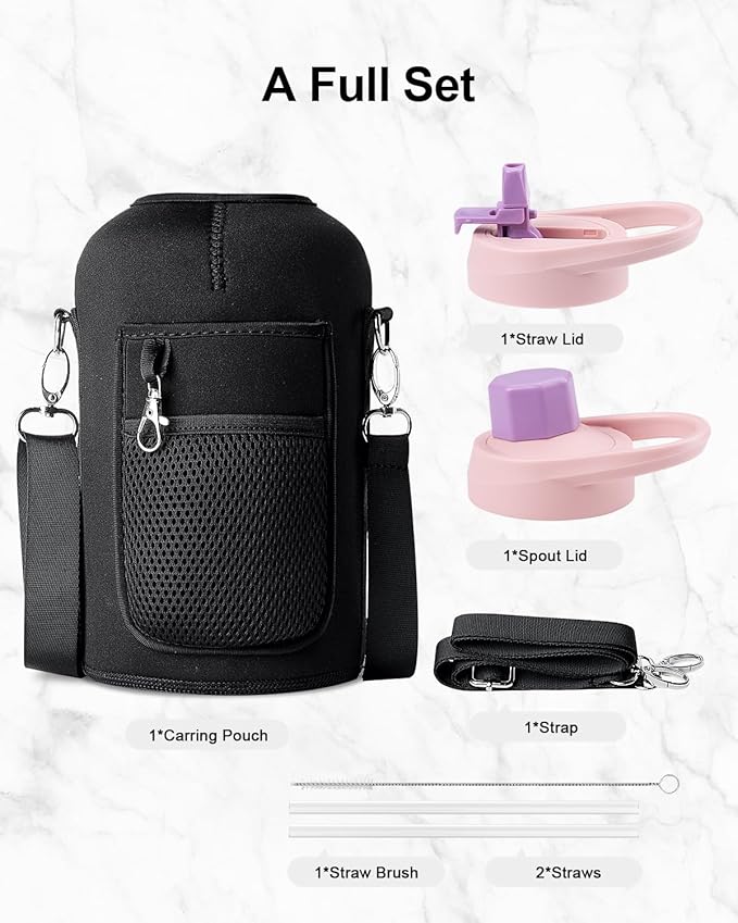 Trebo Half Gallon Water Bottle Insulated with Handle,64 oz Double Wall Stainless Steel Metal Large Jug,Travel Flask with Straw Spout Lid,Mug Tumbler Cup with Carry Pouch,Keep Cold Hot, Purple