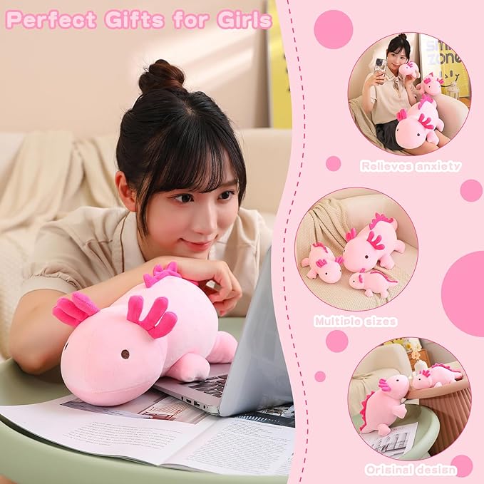 SQEQE Weighted Axolotl Plush Toy, Pink Axolotl Stuffed Animals Cute Axolotl Plush Pillow, Cute Weighted Stuffed Animals Gifts for Girls & Boys Age 3-12 (9.8" | 0.75 lbs, Pink Axolotl)