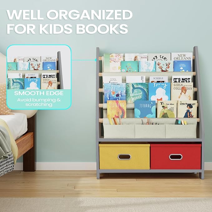 4 Tier Kids Book Shelf, Wooden Kids Book Rack, Grey Kids Bookshelf with Toy Storage Organizer, Toddler Sling Bookshelf for Boys, Girls, Kids Room, Red/Yellow