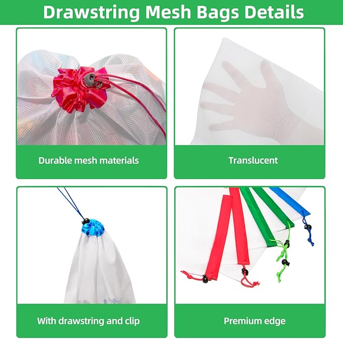 Toy Storage Bags, 10Pcs Reusable Mesh Bags and 2Pcs Large Clear Toy Storage Bags with Drawstring, Toy Organizer Bags for Kids Puzzle Building Blocks Balls and Dolls, Produce Bags for Fruits, Vegetable