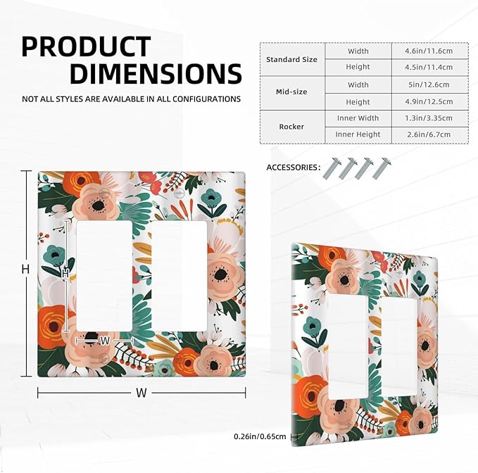 Rustic Floral Boho Colorful Flower 2 Gang Rocker Decora Light Switch Covers Dual Outlet Covers Wall Plate Decorative Switchplate Electrical Faceplate GFCI for Farmhouse Bathroom Bedroom Kitchen Decor