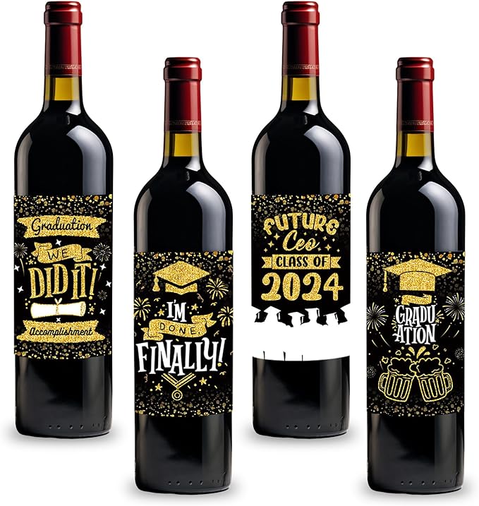 8 Pieces 2024 Graduation Wine Bottle Labels Class of 2024 Wine Bottle Stickers Black Golden Congrats Grad Wine Bottle Cover Decorations for College University Graduation Party Supplies
