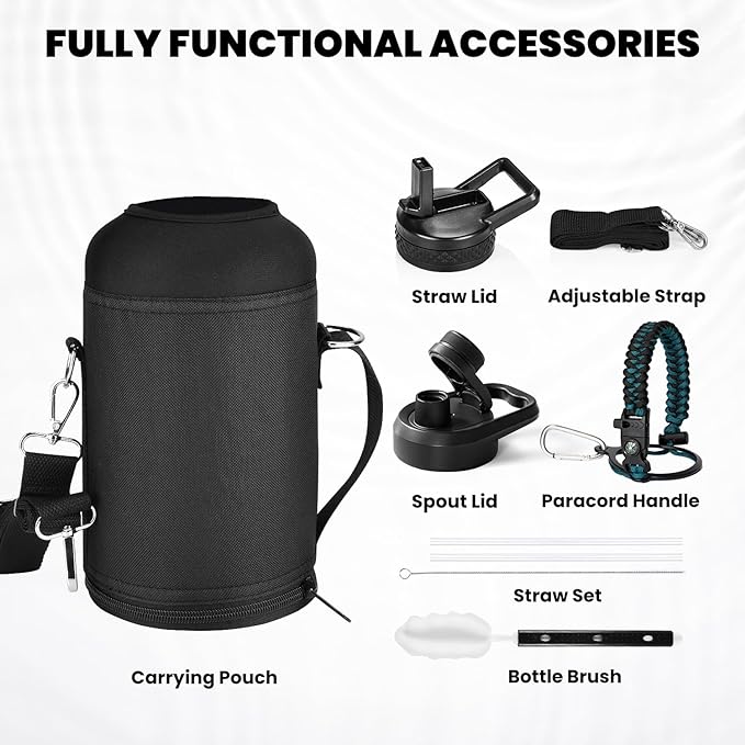 Insulated Water Bottle 64 oz, Triple Wall Vacuum Stainless Steel (Cold for 48 Hrs), Leak Proof & Non-BPA, Half Gallon Water Flask Jug with Paracord Handle & Straw Spout Lids