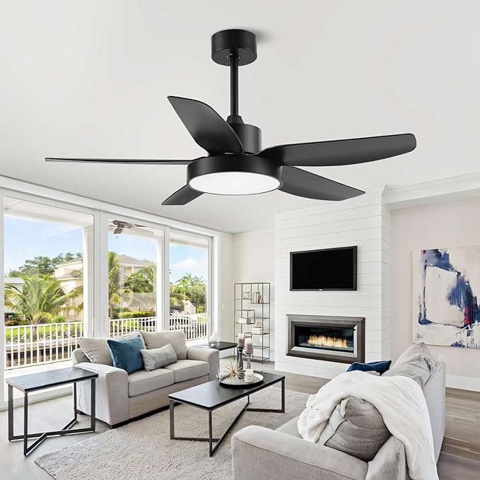 Modern Ceiling Fan with Light and Remote Control,46''Ceiling Fan with 3 Color Lights,Memory Function,5 Blades,6 Speeds,Outdoor Fan and Light for Living Room,Bedroom,Kitchen,Black