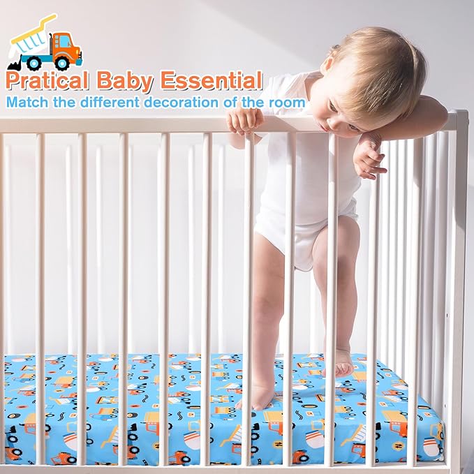 JISEN Baby Crib Sheets Soft Breathable Fitted Crib Sheets Baby Sheet for Standard Crib and Toddler Mattress Baby Bed Sheets for Crib for Baby Boys Girls Neutral 52x28 Inch Blue Trucks