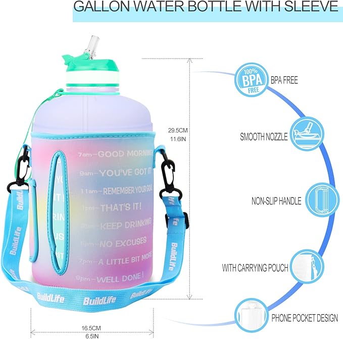 QuiFit Motivational Gallon Water Bottle - with Straw & Time Marker BPA Free Large Reusable Sport Water Jug with Handle for Fitness Outdoor Enthusiasts Leak-Proof