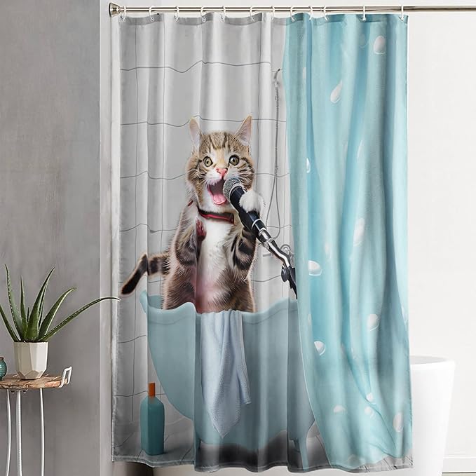 AILONEN Cartoon Shower Cat Shower Curtain for Kids Boys,Funny Singing Cat Waterproof Fabric Shower Curtain for Bathroom,Lovely Hilarious Pet Shower Curtain Set with Hooks,72" W*96" H