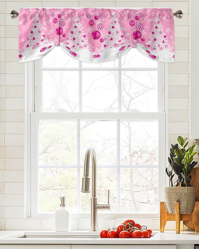 Pink Christmas Blackout Tie Up Valance Curtains for Kitchen Windows White Xmas Tree Snowflakes Pink Balls Window Toppers Balloon Shades for Living Room/Bathroom/Bedroom,1 Panel, 54" X 18", Winter