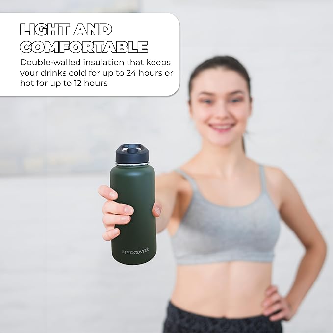 HYDRATE Insulated Stainless Steel Water Bottle - Large Reusable Flask with Leak-Proof Design and Convenient Handle - Double Vacuum Insulation for School, Work, or Adventure