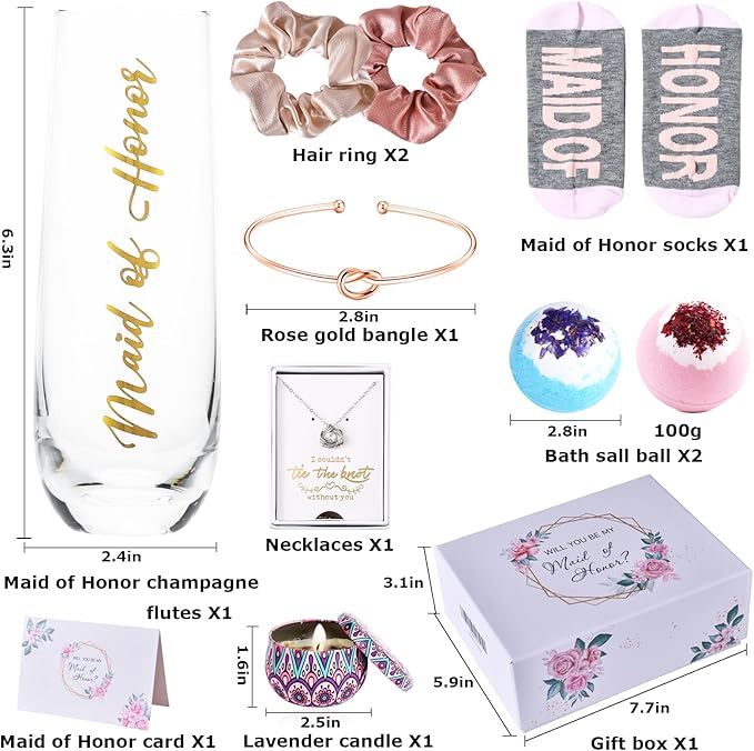 Maid Of Honor Proposal Gifts Set-Will You be My Maid Of Honor Gift Box, Wedding Engagement Gifts,Bachelorette Party Bridal Showers gifts,Maid Of Honor Bracelets, Necklaces And Socks ,Rose Spa Gifts
