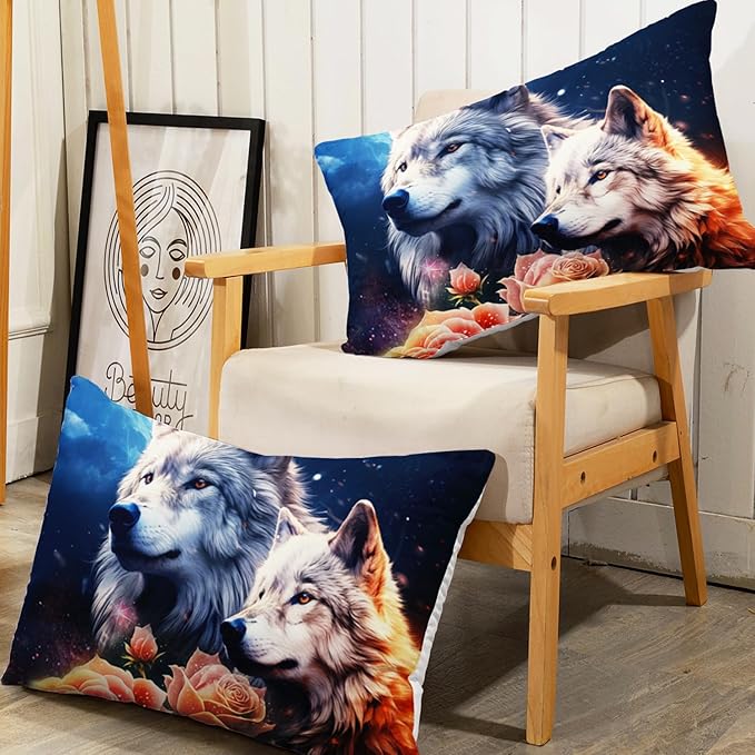 AILONEN Wolf Fitted Sheet Set Twin XL Size, Red Floral Flower and Wolves Animals Bed Sheet Set,3 Pieces Safari Wolf Bed Sheet Set for Boys Girls,1 Fitted Sheet with 2 Pillowcases