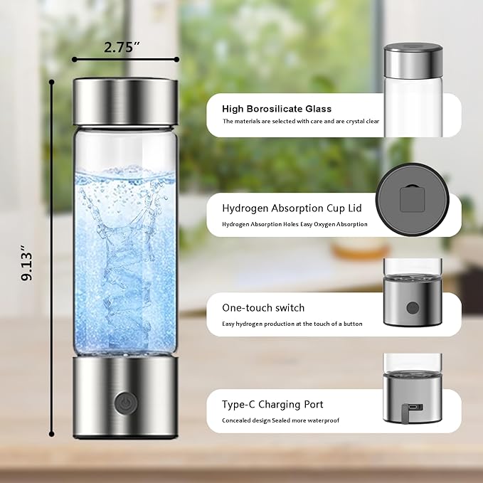 feifuns Hydrogen Water Bottle Generator, 2-in-1 Rechargeable Portable Glass Hydrogen Water for Health, 3 Mins & 3 Steps, 4th Generation SPE & PEM Technology, Matching Your Lifestyle (Silver)