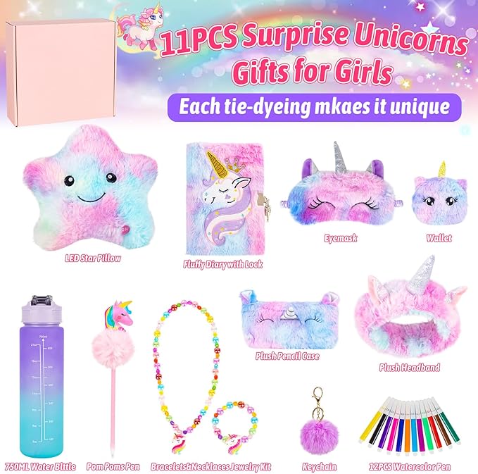 Unicorns Gifts for Girls 5 6 7 8 9 10+,Kids Unicorn Toys Set with Light Up Star Pillow/Headband/Eye Mask/Water Bottle/Pencil Case/Diary Birthday Gifts