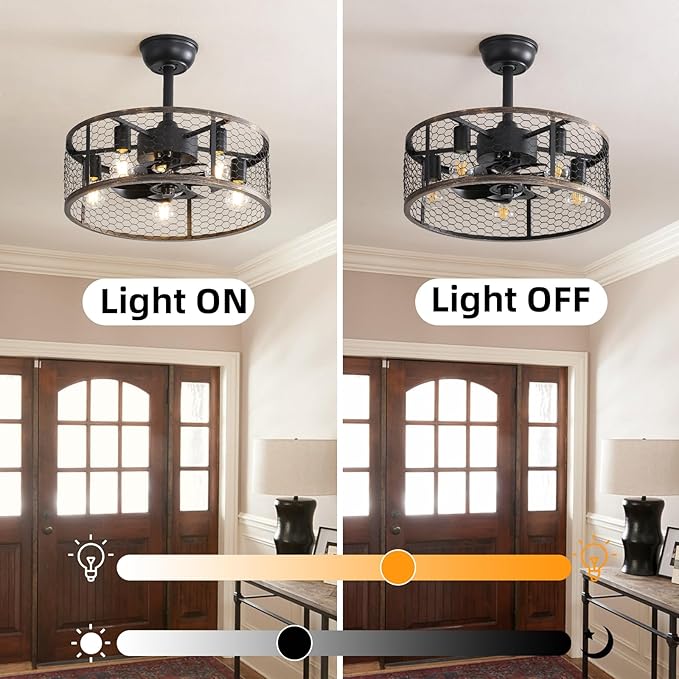 20" Caged Ceiling Fans with Lights and Remote & APP Control,E26 2700K Warm Lighting,6 Wind Speeds with Reverse Mode.Retro Chandeliers for Dining Room with Fan (Black)