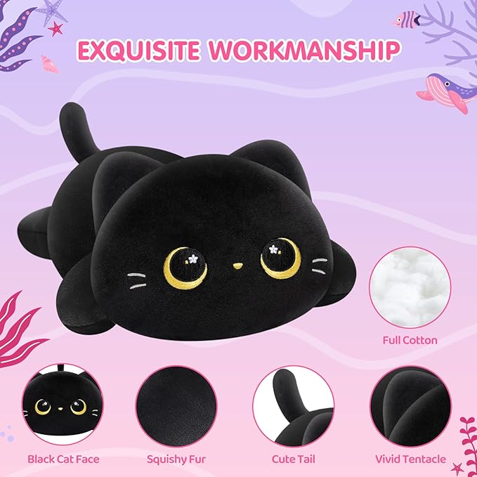 Cute Cat Plush Pillow, Kawaii Plushies Black Cat Stuffed Animals, Squishy Plushies, Cuddle Plush Pillow for Boys & Girls