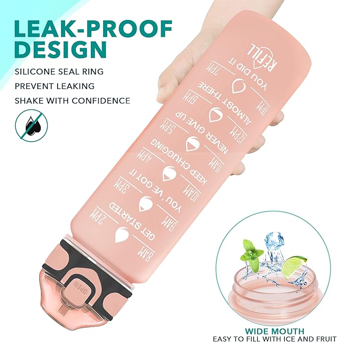Enerbone 32 oz Drinking Water Bottle with Times to Drink and Straw, Motivational with Carrying Strap, Leakproof BPA & Toxic Free, Ensure You Drink Enough Water for Fitness Gym Outdoor