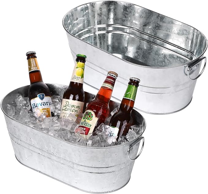Galvanized Tub Beverage Tubs, 2pcs Metal Ice Buckets for Cocktail Bar 3 Gallon Wine Beer Drink Buckets with Handles Large Tub Cooler Mimosa Bar Supplies Ice Bucket for Parties (Galvanized)