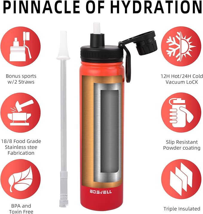 Stainless Steel Insulated Water Bottle with Straw,Metal Vacuum Flask with Screw Cap,Modern Leakproof Sports Thermos, Double Wall Vacuum Sports Water Bottle, For Cold & Hot Drinks,100% BPA-Free