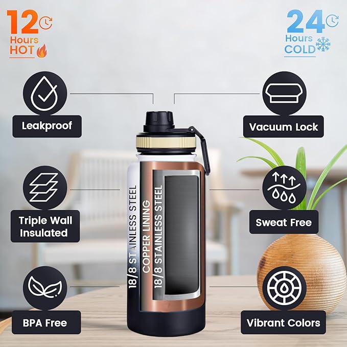 Water Bottle 32oz, Triple Walled Insulated Stainless Steel Reusable Bottle, Silicone Sleeve, Cleaning Brush, 2 Lids (Spout lid & Straw lid w/2 straw), Metal Mug Gallon, BPA Free, Day&Night
