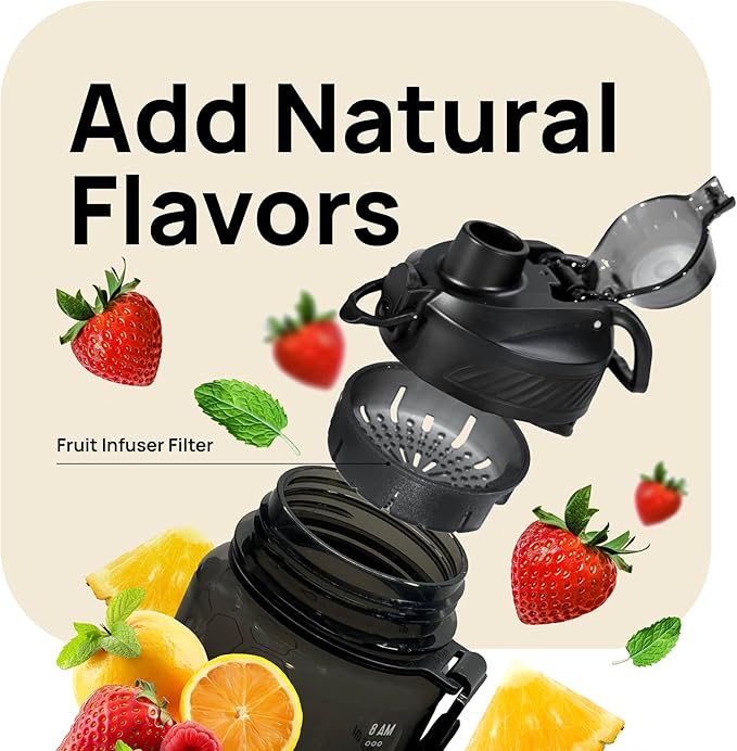 INEVIFIT 3-in-1 Sports Water Bottle 34oz 1L Hydration Tracking Water Bottles with Daily Time Marker BPA Free Tritan Leak Proof with Fruit Infuser Filter, Mixer Ball, Insulating Sleeve & Carrying Strap