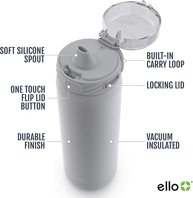 Ello Cooper 40oz Stainless Steel Water Bottle with Straw and Carry Handle, Double Walled and Vacuum Insulated Metal, Leak Proof Locking Lid with Soft Silicone Spout, Reusable, BPA Free, Grey