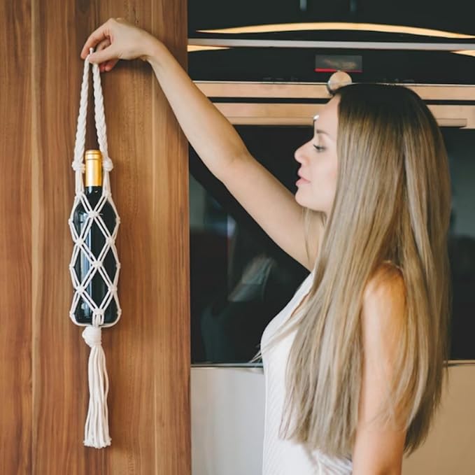 Hand-woven wine storage bag, Bohemian wine hanging bag, Bottle bag, Tote bag, 26 inch (Wine Storage Bag White + Red)